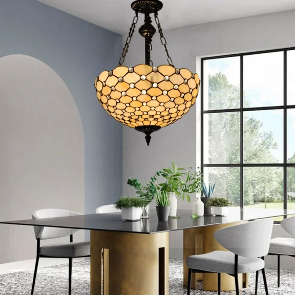 FINE MAKER Tiffany Style Chandelier, Vintage Beaded Stained Glass Semi-Recessed Chandelier for Living Room Bedroom Entryway Chandelier