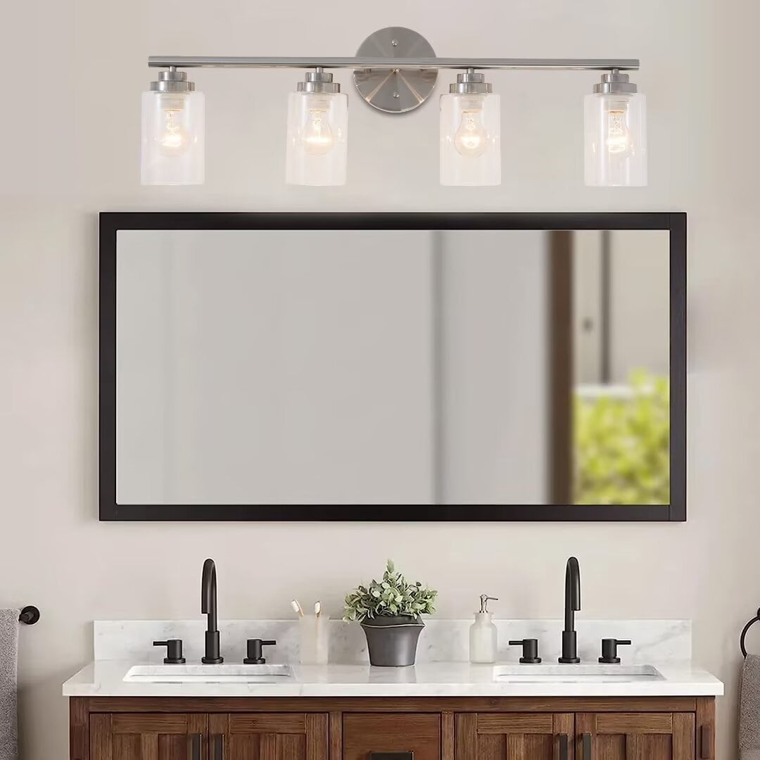 FINE MAKER Vanity Light Fixtures, 4 Lights Indoor Modern Sand Nickel Bathroom Mirror Wall Lights with Clear Glass Shade Metal Wall Mount Light