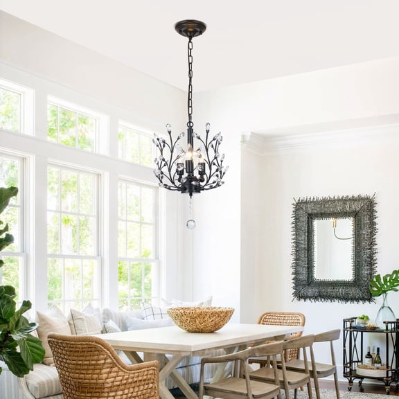 FINE MAKER 18-inch branch flower-shaped crystal chandelier, 3-head living room chandelier, bedroom study lighting fixture (black)