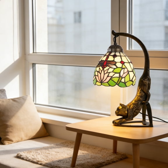 FINE MAKER6-inch Traditional Cat-Shaped Dragonfly Table Lamp - Bedroom, Bedside, Study, Living Room Decorative Lighting - Creative Animal-Shaped Table Lamp