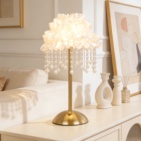 FINE MAKER7 inch vintage luxurious pearl tassel fabric table lamp bedside lamp vanity lamp bedroom lamp living room side table lamp pearl fabric lighting fixture