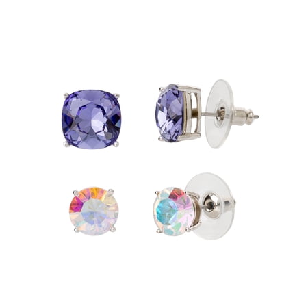 Believe by Brilliance Women Fine Silver Plated Purple Cushion & AB Crystal Stud Earring Set - 2 Pairs