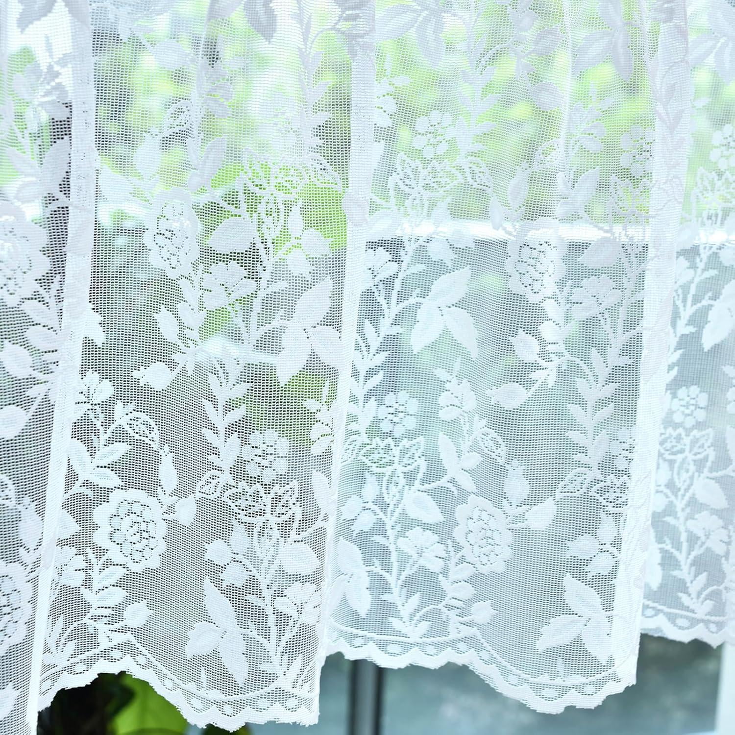 FINECITY White Lace Valance for Kitchen Window Over Sink, Country Leaf