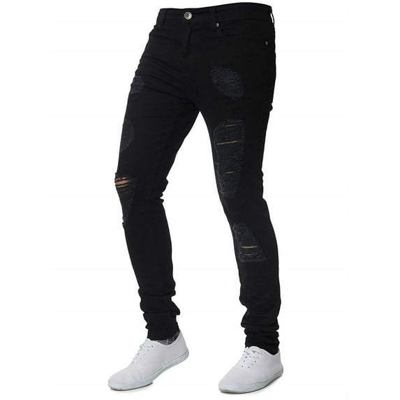 FINELOOK Men Slim Biker Zipper Denim Jeans Skinny Distressed Rip Troursers