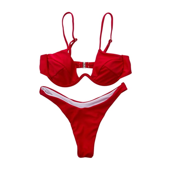 FINELOOK Women 2PCS Bikini Set Wire Padded Back Buckler Bra Triangle High Waist Panty