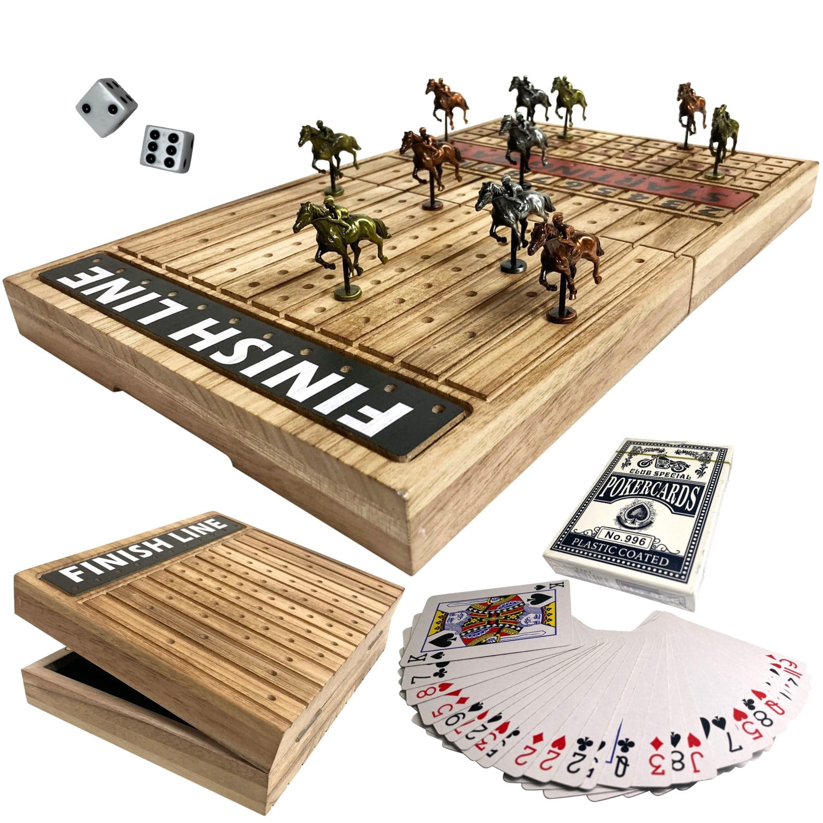 FINENI Horse Racing Game for Adults, Horse Race Board Game with 11 Antique Matt Metal Horses(Bronze, Brass, Silver), 19” Foldable Wood Horse Race Game Board, Dice & Card Included