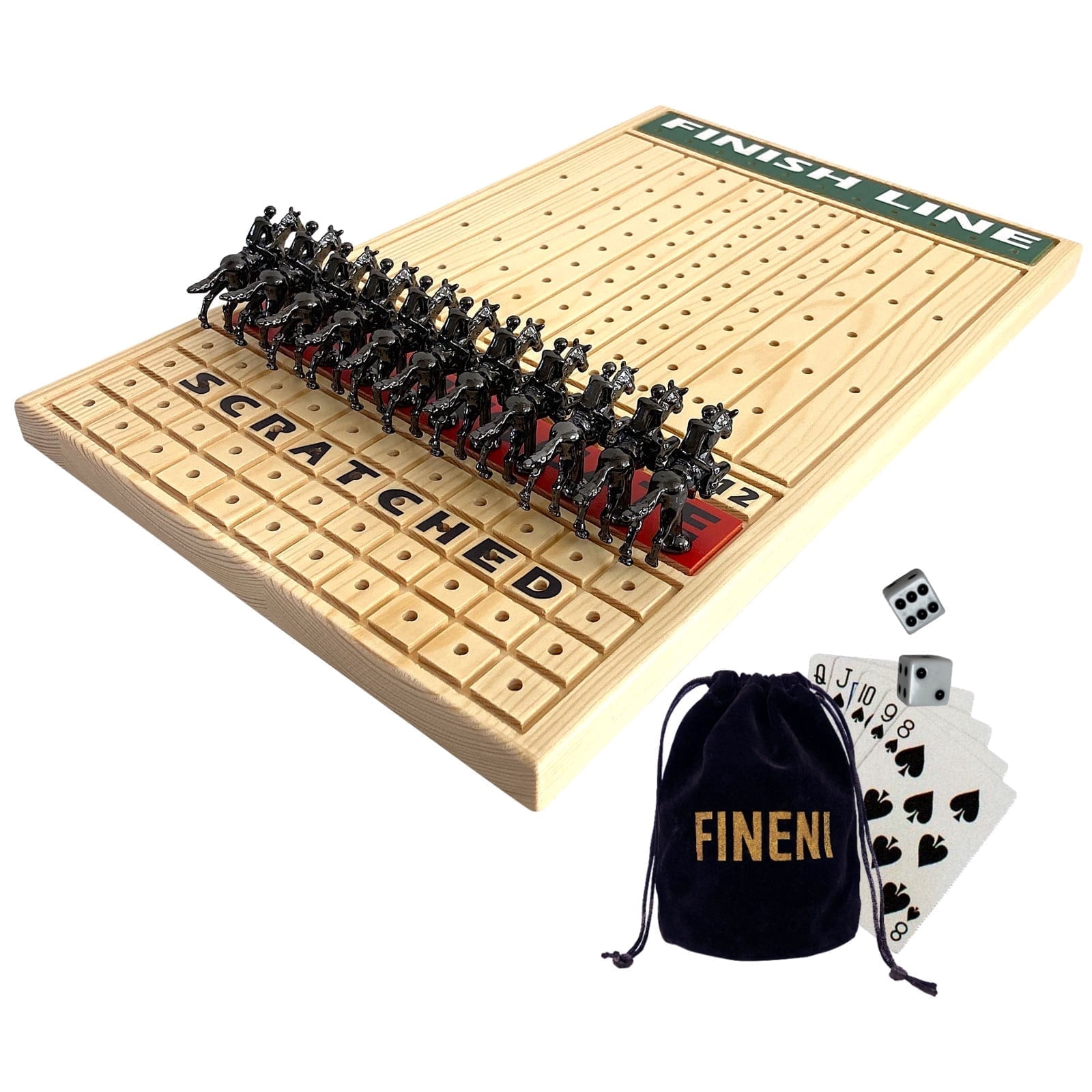 FINENI Horse Racing Game for Adults, Horse Race Board Game with 11 Luxurious Metal Horses (Black), 16” Pine Wood Horse Race Game Board, Dice & Card Included