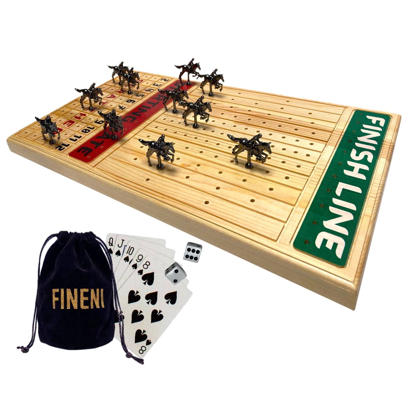 FINENI Horse Racing Game for Adults, Horse Race Board Game with 11 Luxurious Metal Horses (Black), 22” Pine Wood Horse Race Game Board, Dice & Card Included