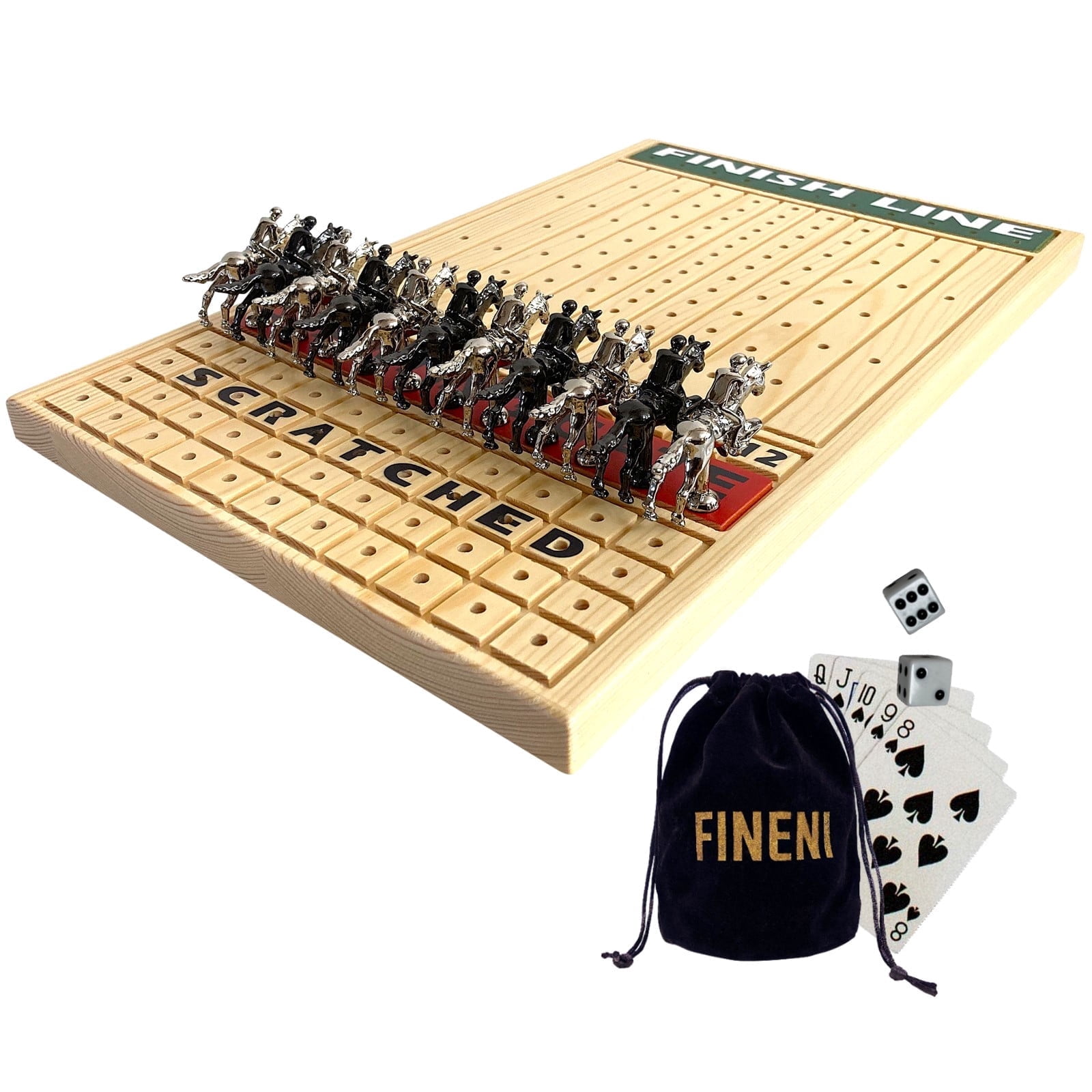FINENI Horse Racing Game for Adults, Horse Race Board Game with 11 Luxurious Metal Horses (Silver, Black), 16” Pine Wood Horse Race Game Board, Dice & Card Included