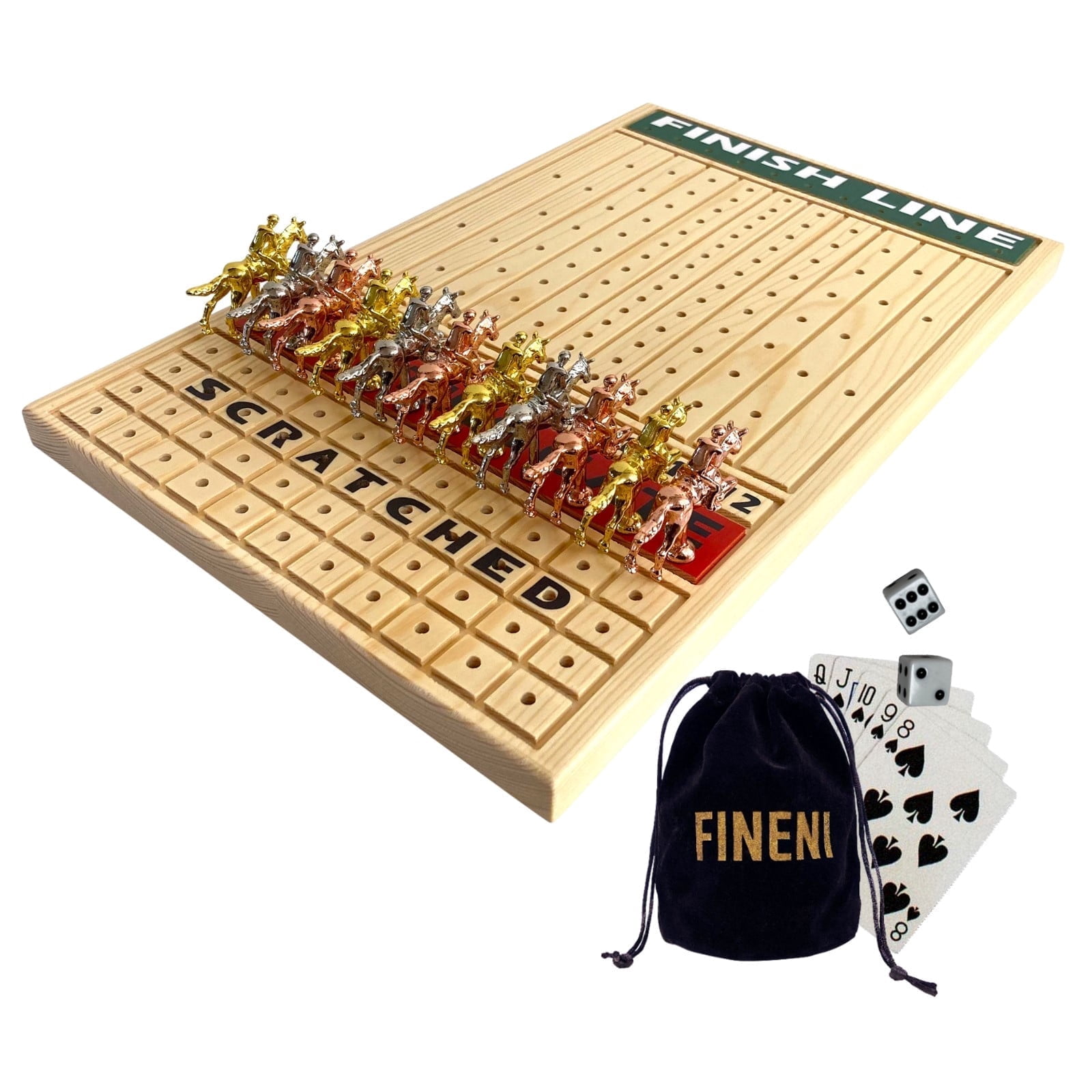 FINENI Horse Racing Game for Adults, Horse Race Board Game with 11 Luxurious Metal Horses (Silver, Black, Rose Gold), 16” Pine Wood Horse Race Game Board, Dice & Card Included