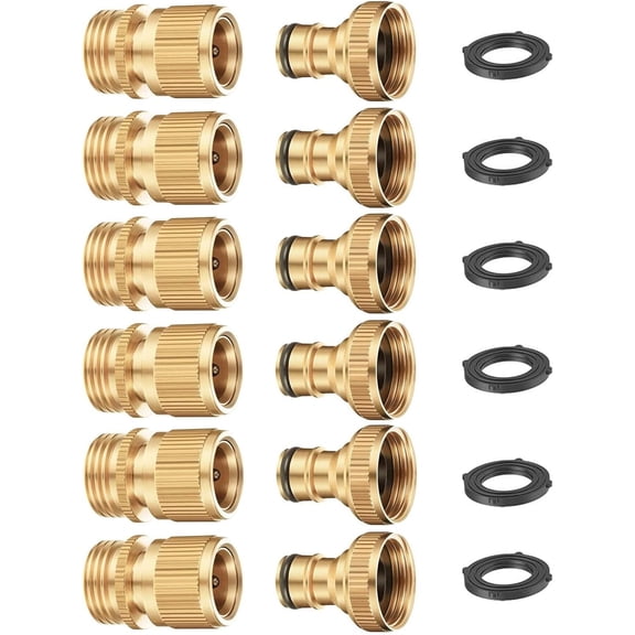 FINEST+ Garden Hose Quick Connector, Solid Brass 3/4 Inch Thread Fitting No-Leak Water Hose Female and Male Easy Connect (6 Sets)