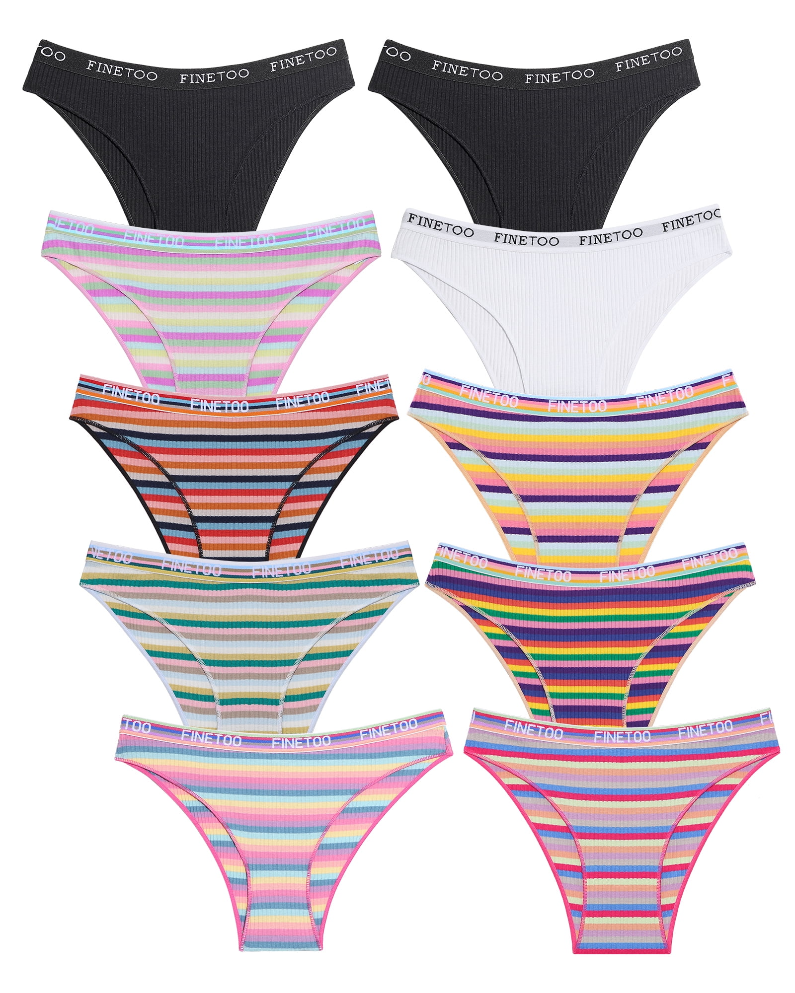 FINETOO 10 Pack Cotton Underwear for Women Cheeky High Cut Breathable  Hipster Bikini Striped Panties Pack S-XL 