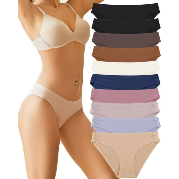 FINETOO 10 Pack Seamless Underwears For Women No Show Bikini Panties Invisibles Briefs Soft Stretch Hipster Underwear XS-XL