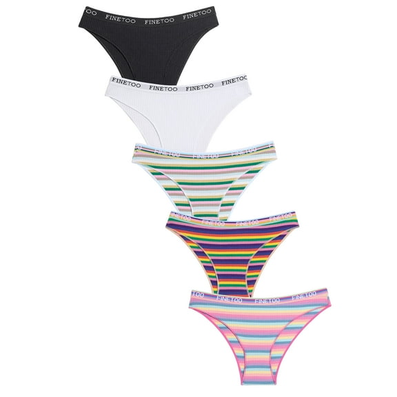 FINETOO 5 Pack Cotton Underwear for Women High Cut Colorful Stripes Cheeky Panties Breathable Stretch Hipster Bikini S-XL