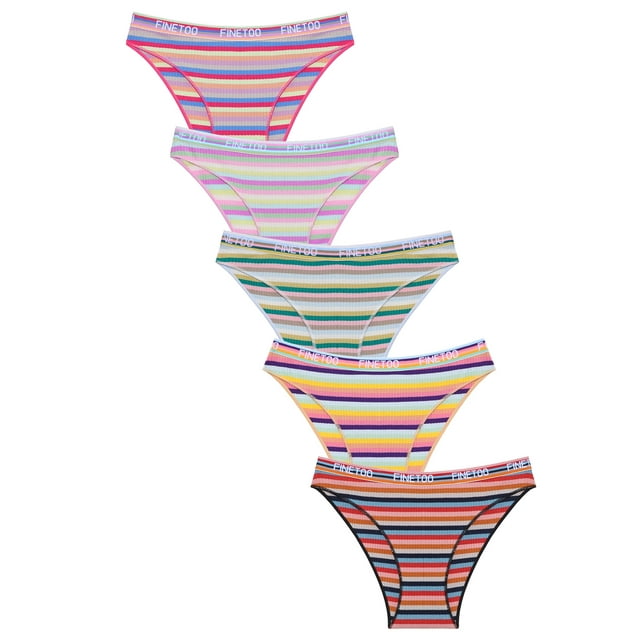 FINETOO 5 Pack Cotton Underwear for Women High Cut Colorful Stripes Panties Breathable Stretch Hipster Bikini S-XL
