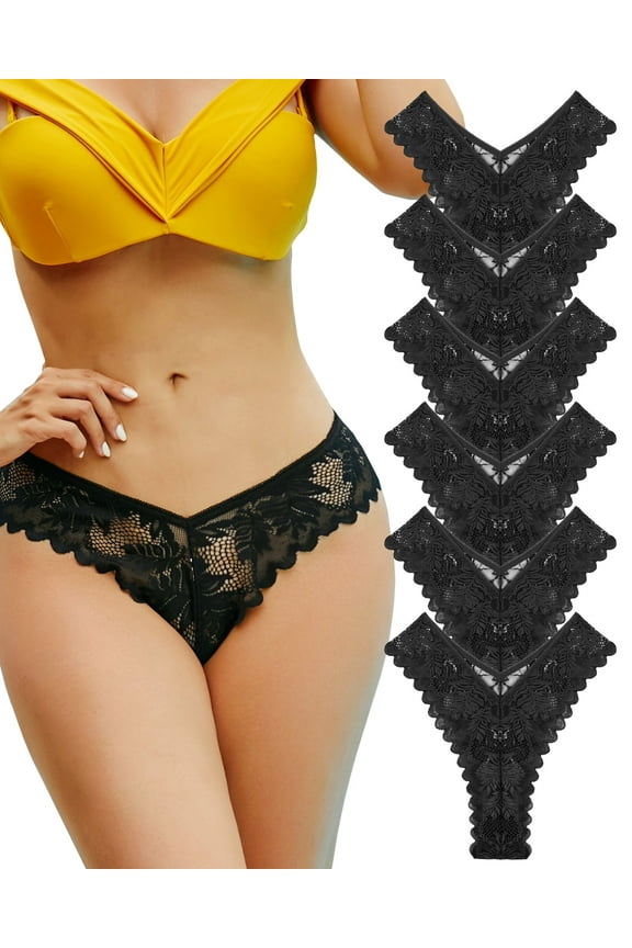 6 Pack Lace Underwear For Women Invisible High Waist Thong V-Shape Embroidery Floral Bikini Panties S-XL