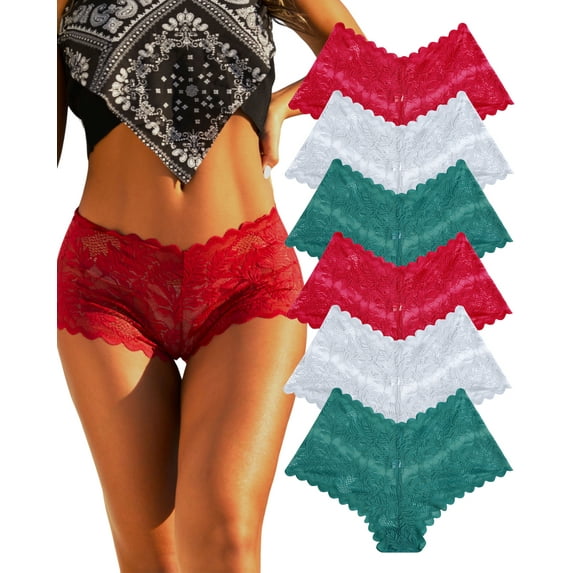 FINETOO 6 Pack Lace Underwear For Women Soft Briefs Embroidery Floral Panties S-XL