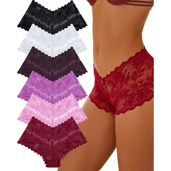 FINETOO 6 Pack Lace Underwear For Women Soft Briefs Embroidery Floral Panties S-XL