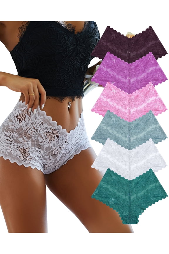 6 Pack Lace Underwear For Women Soft Briefs Embroidery Floral Panties S-XL