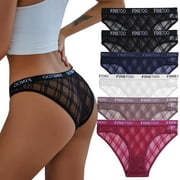 FINETOO 6 Pack Womens Underwear Invisible Seamless Bikini Lace Plaid Briefs Half Back Coverage Panties S-XL