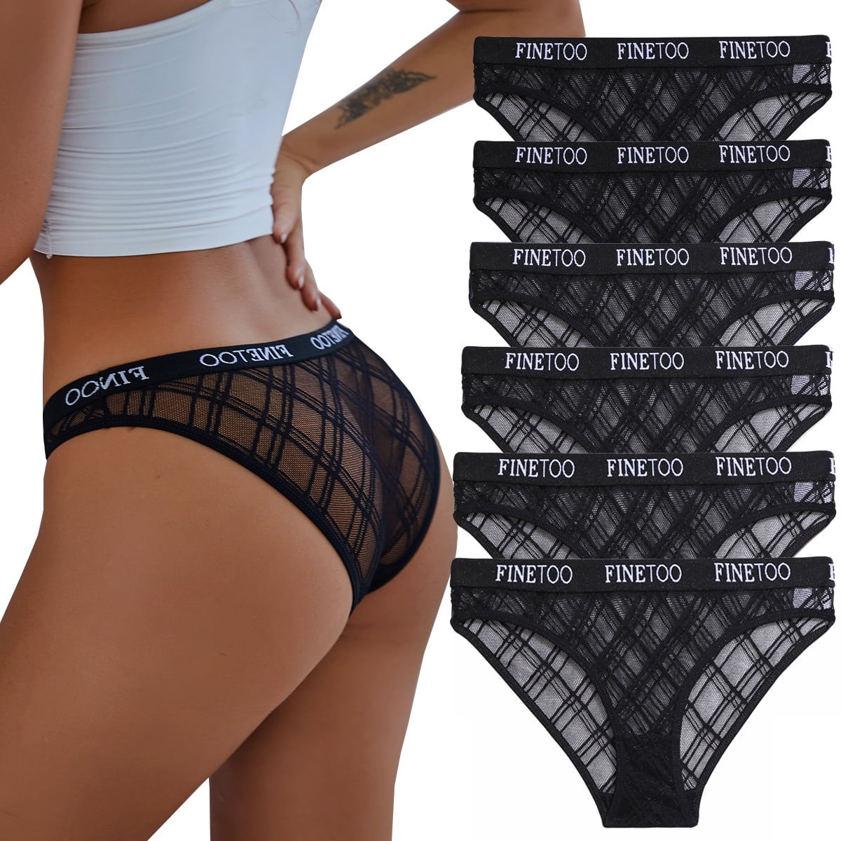 FINETOO 6 Pack Womens Underwear Invisible Seamless Bikini Lace Plaid Briefs  Half Back Coverage Panties S-XL 