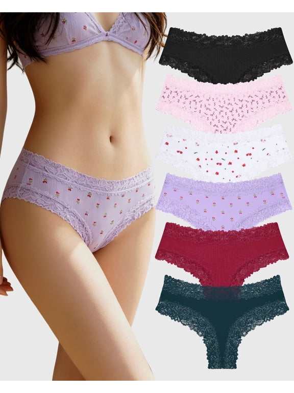Cotton Underwear For Women Lace Brazilian Panties Soft Breathable Cheeky Bikini for Ladies 6 Pack