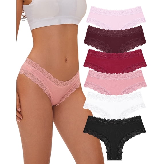 FINETOO Cotton Underwear For Women Lace Brazilian Panties Soft Breathable Cheeky Bikini for Ladies 6 Pack