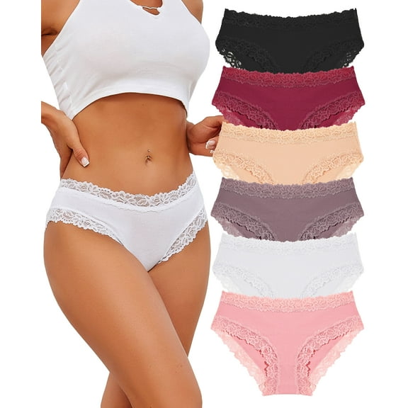 FINETOO Cotton Underwear for Women Lace Hipster Panties Soft Breathable Cheeky Bikini Ladies 6 Pack
