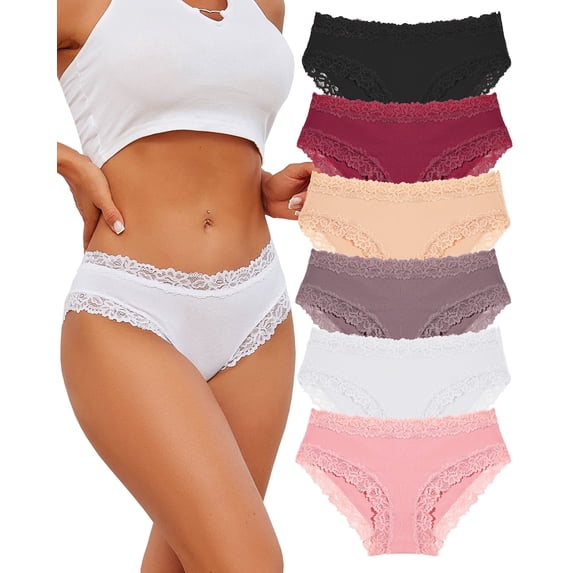 FINETOO Cotton Underwear for Women Lace Hipster Panties Soft Breathable Cheeky Bikini Ladies 6 Pack