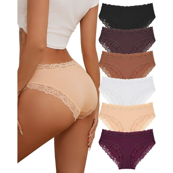 FINETOO Cotton Underwear for Women Lace Hipster Panties Soft Breathable Cheeky Bikini Ladies 6 Pack
