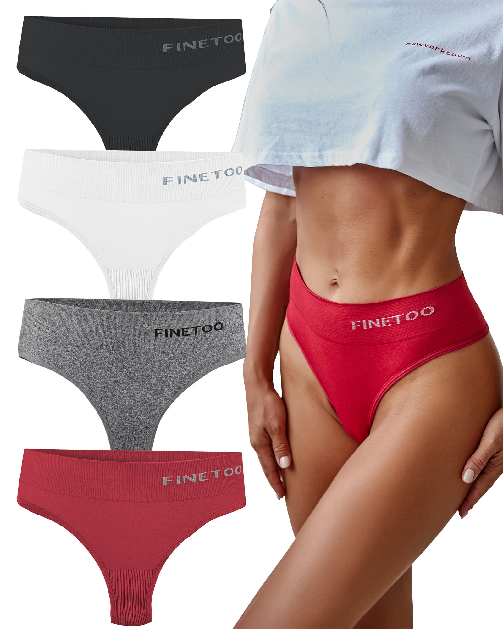 FINETOO Female High Waisted Thongs Breathable Underwear Soft Stretchy Nylon  Spandex No Side Seam Panties S-XL 4/6 Packs