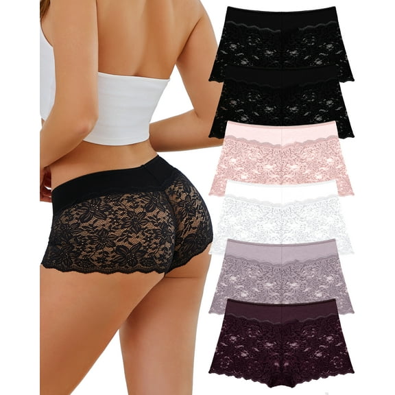 FINETOO Lace Underwear For Women Boy Shorts Cheeky Breathable Panties Invisible Embroidery Floral Briefs S-XL 6 Pack