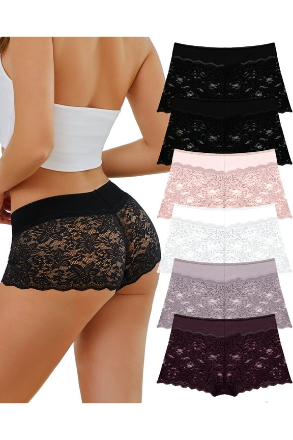 Lace Underwear For Women Boy Shorts Cheeky Breathable Panties Invisible Embroidery Floral Briefs S-XL 6 Pack