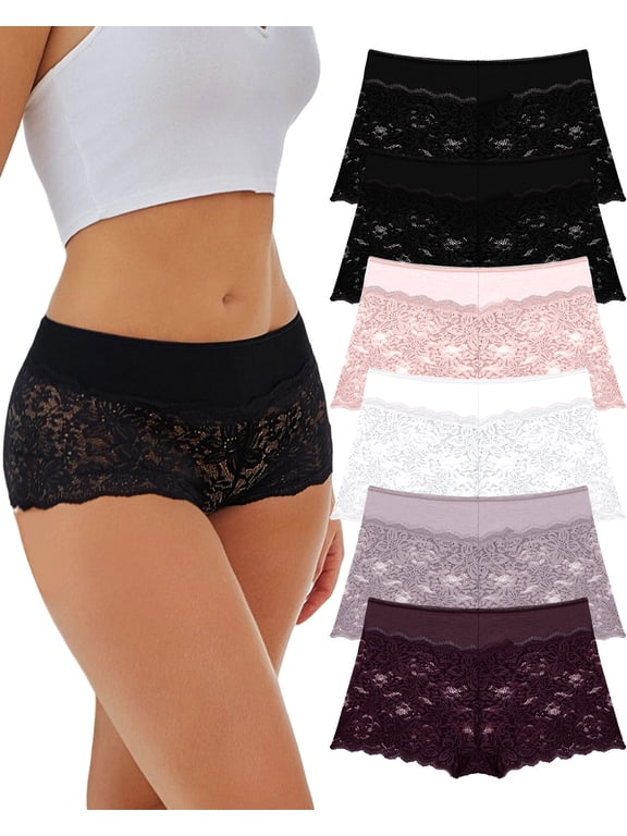 Lace Underwear For Women Boy Shorts Cheeky Breathable Panties Invisible Embroidery Floral Briefs S-XL 6 Pack