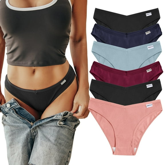 FINETOO Womens Cotton Underwear Soft Stretch Bikini Panties High Cut Panties Sexy Low Rise Hipster Cheeky S-XL 6Pack