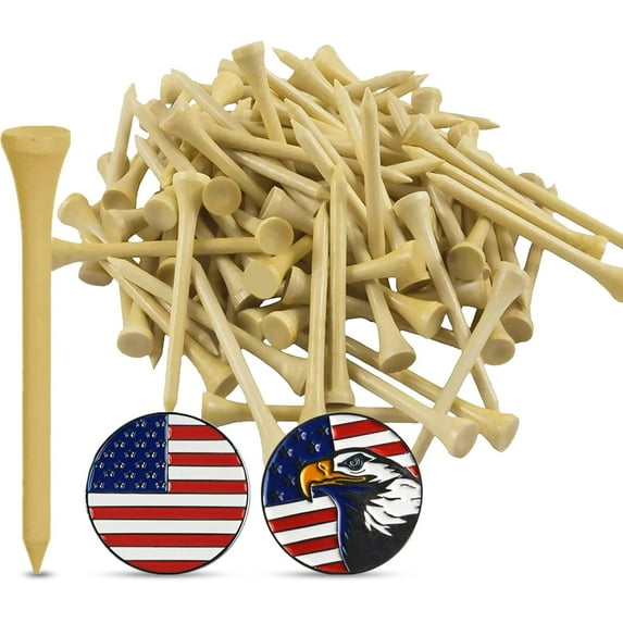 FINGER TEN Bamboo Golf Tees Wood 2 3/4 3 1/4 Inch Wooden Tee Color Bulk 250/500/1000/2000 Count with 2 Free Ball Marker USA Eagle for Men Women Kids