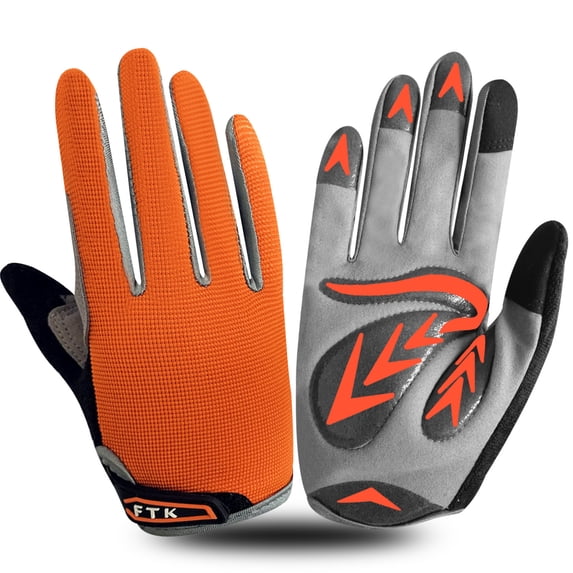 FINGER TEN Cycling Gloves Kids Boys Girls Youth Full Finger Pair Dirt Bike Riding, Children Toddler Touch Screen Mountain Road Bicycle Warm Cold Weather Gel Padded, Color Blue Orange