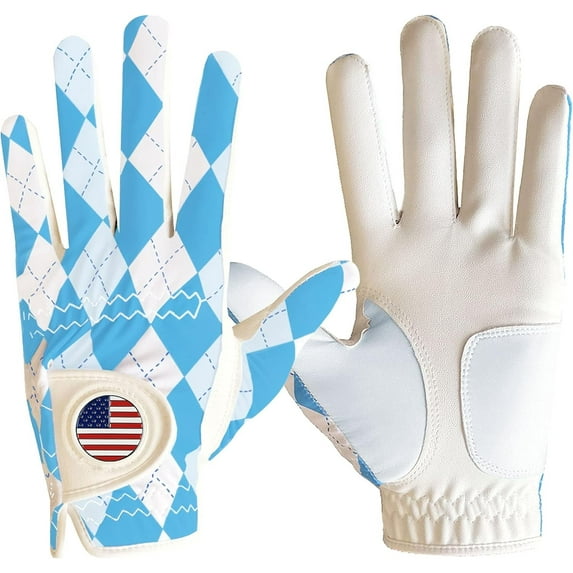 FINGER TEN Golf Gloves Men Left Hand Right with Ball Marker USA Flag Blue Camo Plaid Pack, Mens Leather Golf Glove All Weather Grip Small Medium ML Large XL