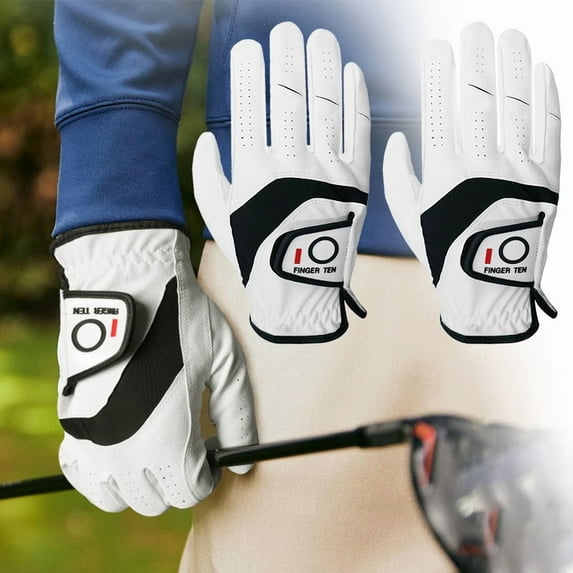 FINGER TEN Golf Gloves Men Left Hand Right Leather Value 2 Pack, Mens Golf Glove for Right Left Handed Golfer All Weather Grip Small Medium ML Large XL