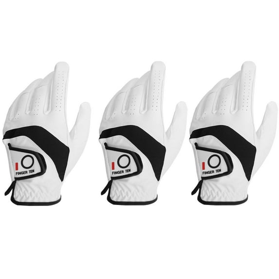 FINGER TEN Golf Gloves Men Left Hand Right Leather Value 3 Pack, Mens Golf Glove for Right Left Handed Golfer All Weather Grip