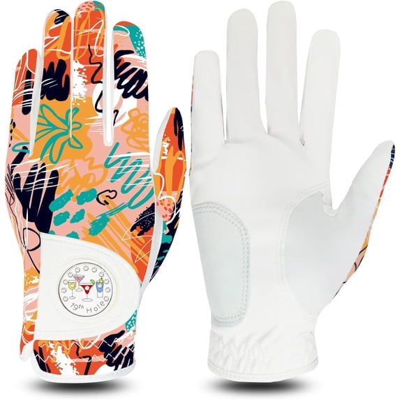 FINGER TEN Golf Gloves Women Left Right Hand Leather with Ball Marker Value Pack, Colored Glove for Ladies Right Left Handed Golfer All Weather Grip
