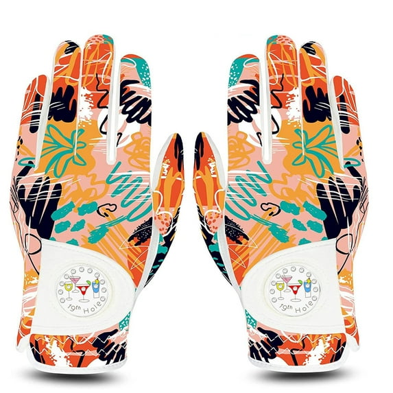 FINGER TEN Golf Gloves Women Left Right Hand Leather with Bling Ball Marker Value 1 Pair, Colored Glove for Right Left Handed Golfer All Weather Grip