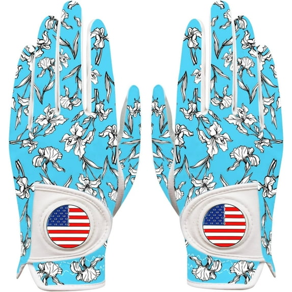 FINGER TEN Golf Gloves Women Right Handed Golfer Left Hand with Ball Marker USA Flag Ladies Breathable Soft All Weather Grip Printed Pattern Size XS S M L XL