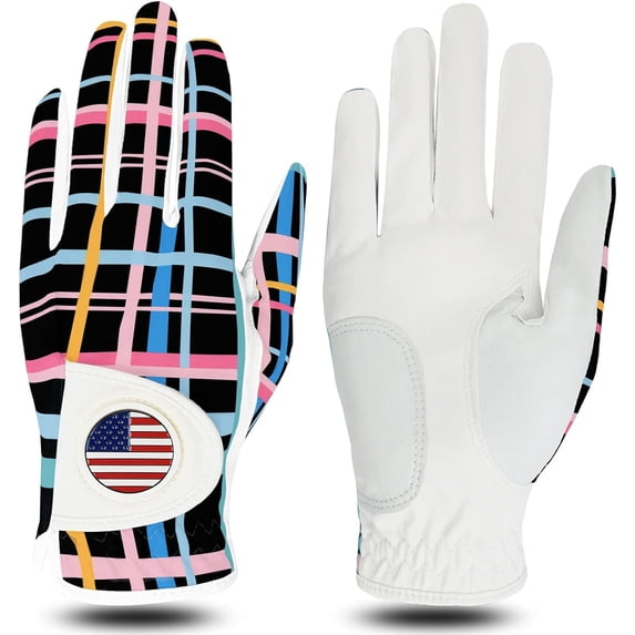 FINGER TEN Golf Gloves Women Right Handed Golfer Left Hand with Ball Marker USA Flag Ladies Breathable Soft All Weather Grip Printed Pattern Size XS S M L XL