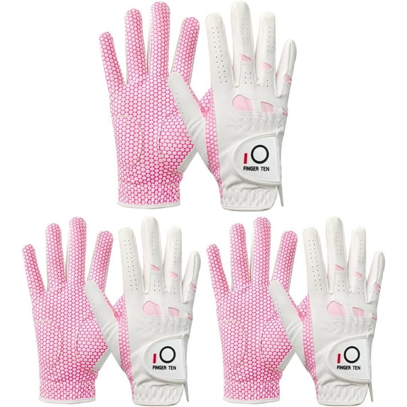 FINGER TEN Golf Gloves Women's Ladies Left Hand or Right Handed Grip Weathersof Value 3 Pack, Fit Size Medium Small Large Pro Design