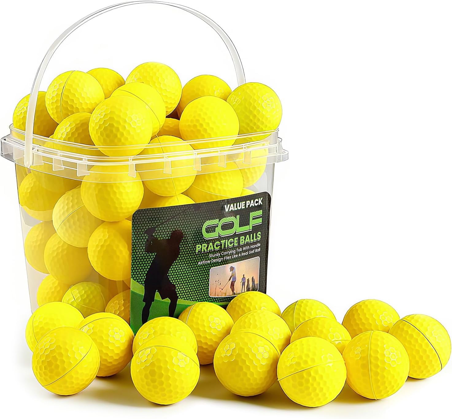 FINGER TEN Golf Practice Balls with Bucket Value 50 Pack, Soft Foam with Limited Flight for Safe Practice
