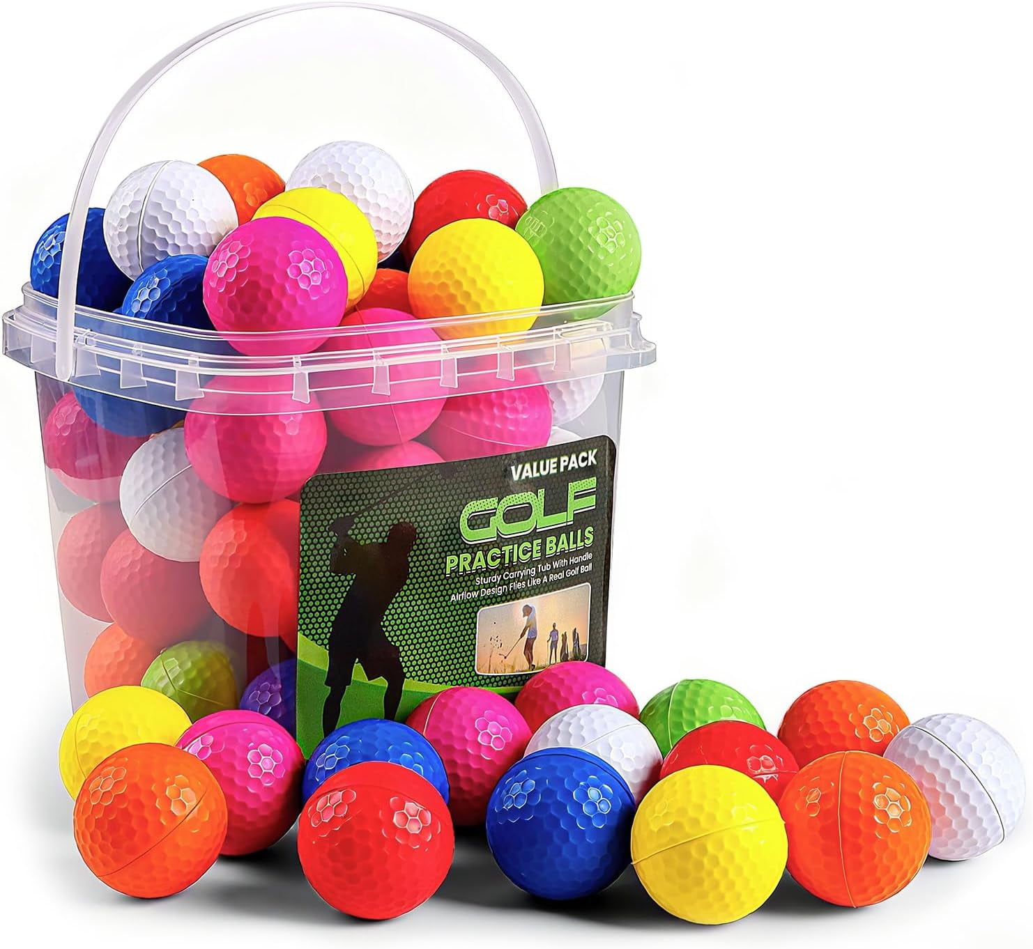 FINGER TEN Golf Practice Balls with Bucket Value 50 Pack, Soft Foam with Limited Flight for Safe Practice