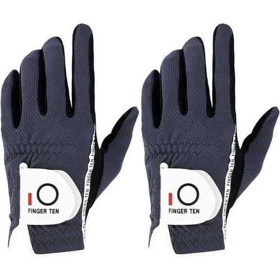 FINGER TEN Men's Golf Gloves for Right Left Handed Golfer Rain Grip Value 2 Pack, Golf Glove for Left or Right Hand Hot Wet Weather No Sweat Black Gray White Blue