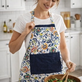 FINGERCRAFT Apron, Dual Pocket, Adjustable Tie, Multipurpose Washable Bib Apron for Home, Kitchen, Chef and Professionals Blue Floral