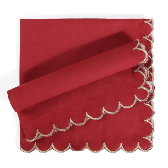 FINGERCRAFT Cloth Napkins, Everyday Use Scallop Design with Golden Zari, Natural Cotton Napkin Cloth Set of 6 Perfect for Parties Dinners Weddings Christmas 20x20 inch Tango Red